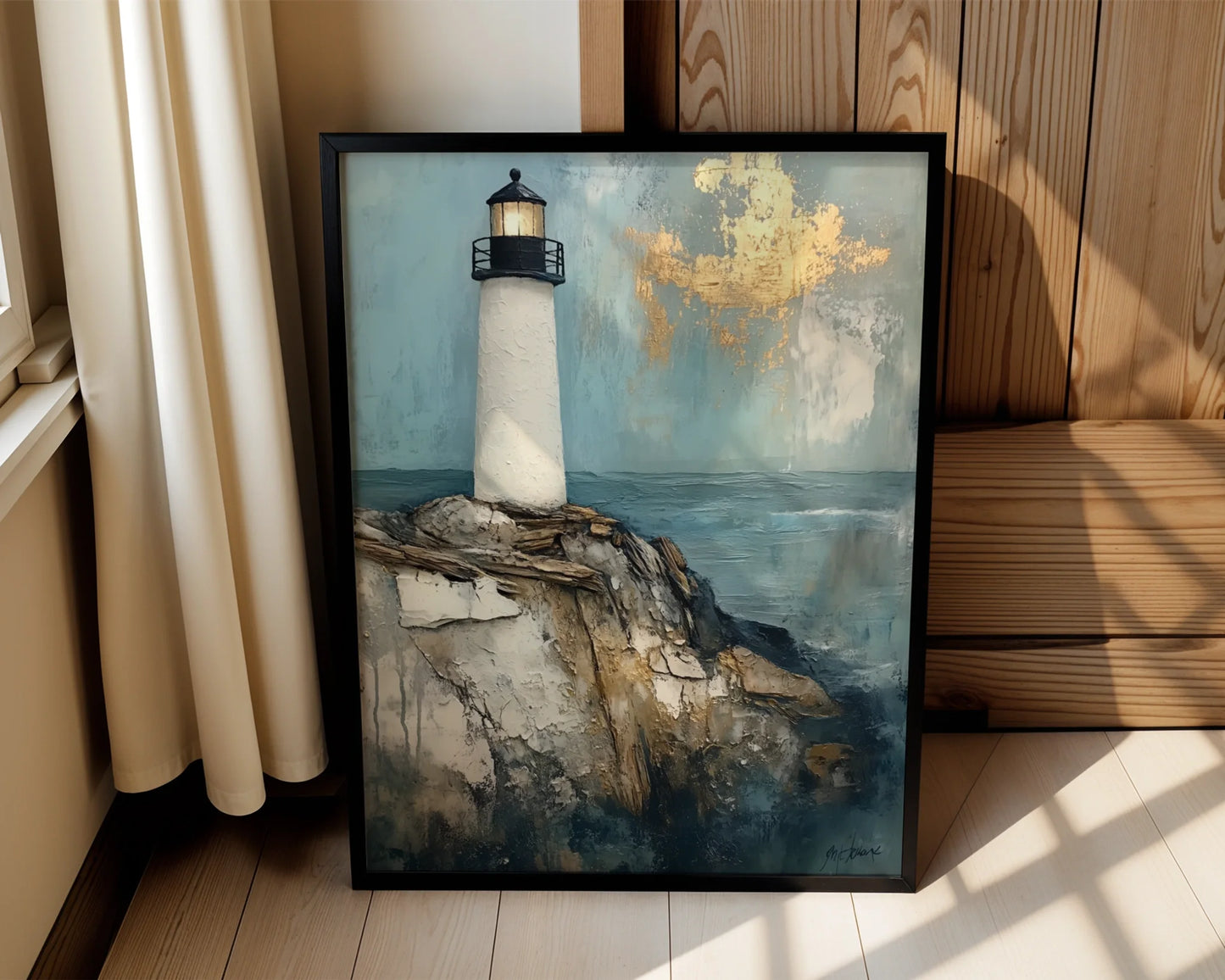 Lighthouse Painting Gold Leaf Clouds Coastal Canvas Wall Art — Farmhouse beacon tower artwork displayed on neutral living room wall for rustic home decor style