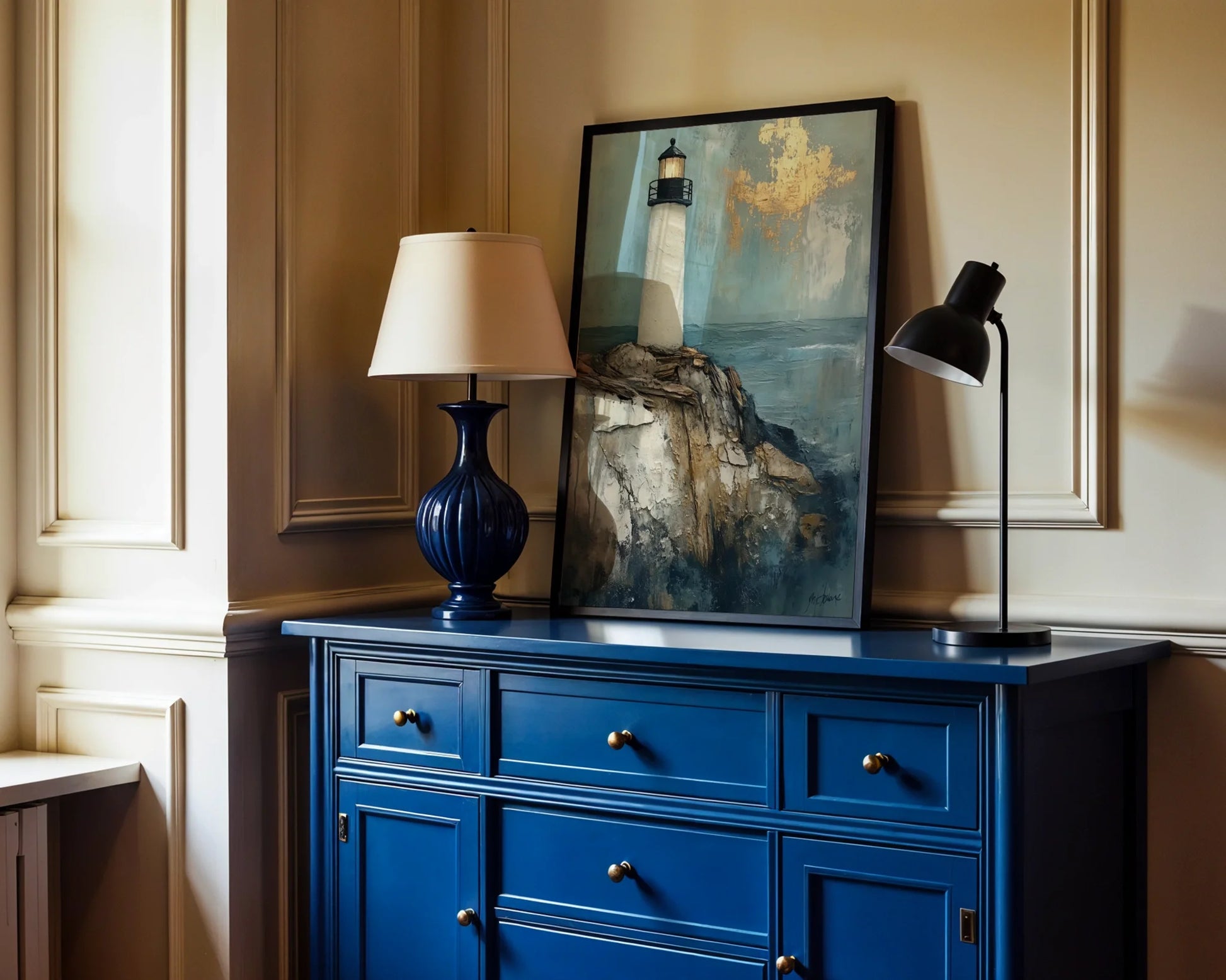 Lighthouse Painting Gold Leaf Clouds Coastal Canvas Wall Art — Seascape canvas featuring guardian tower on rocky outcrop shown in contemporary bedroom setting