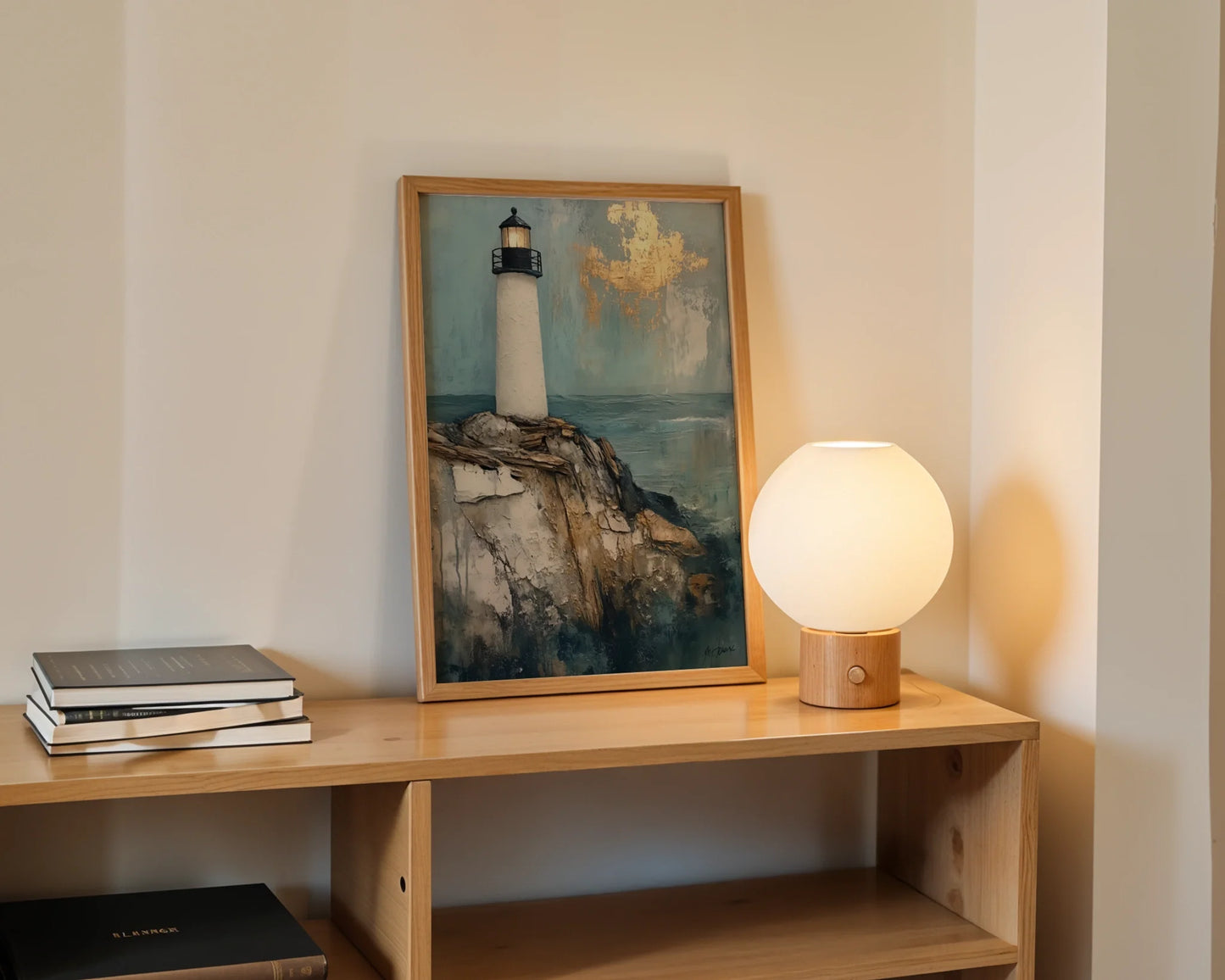 Lighthouse Painting Gold Leaf Clouds Coastal in room