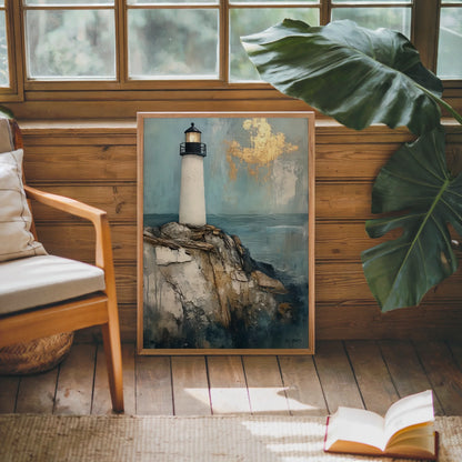 Lighthouse Painting Gold Leaf Clouds Coastal in room