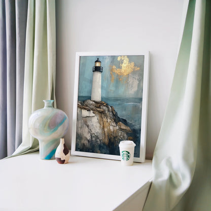 Lighthouse Painting Gold Leaf Clouds Coastal Canvas Wall Art — Turquoise and cream tower canvas with raised brushstrokes displayed in styled home interior