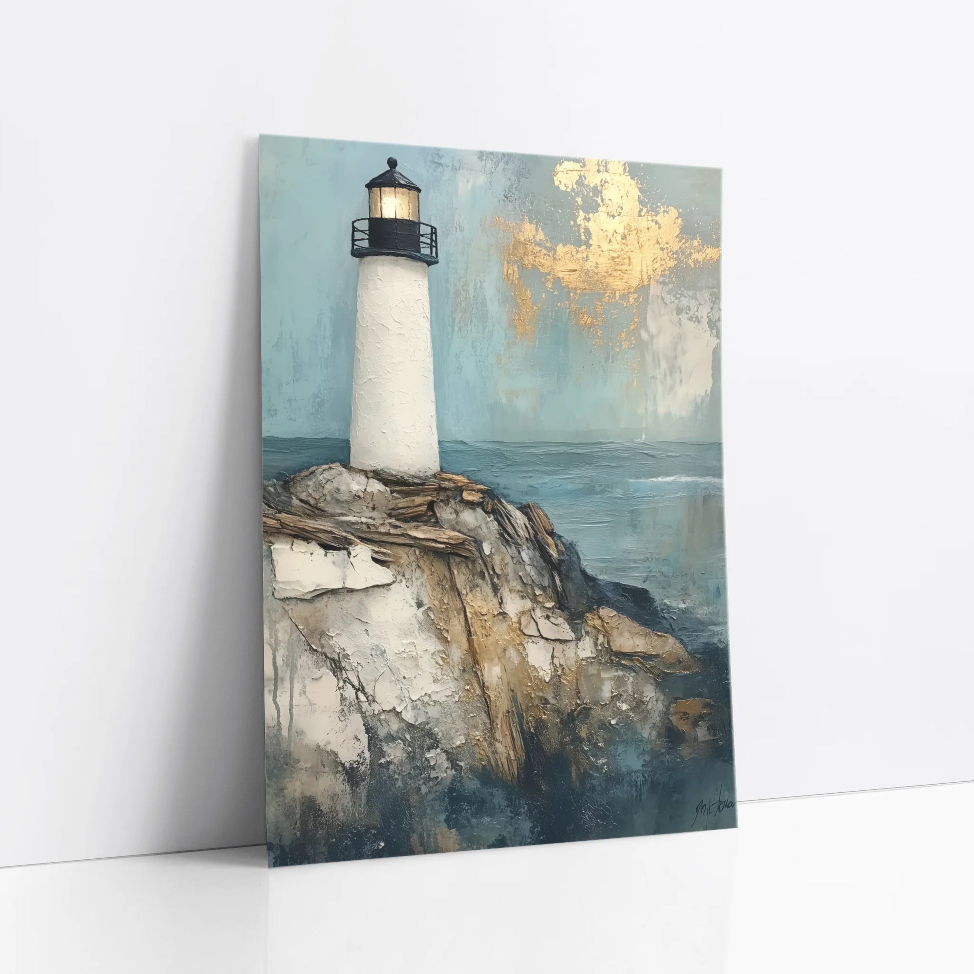 Lighthouse Painting Gold Leaf Clouds Coastal art print