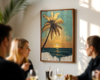 Tropical Palm Tree Sunset Distressed Turquoise in room