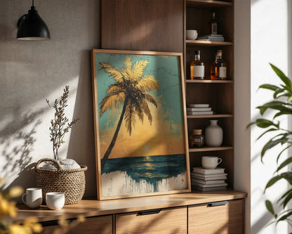 Tropical Palm Tree Sunset Distressed Turquoise in room