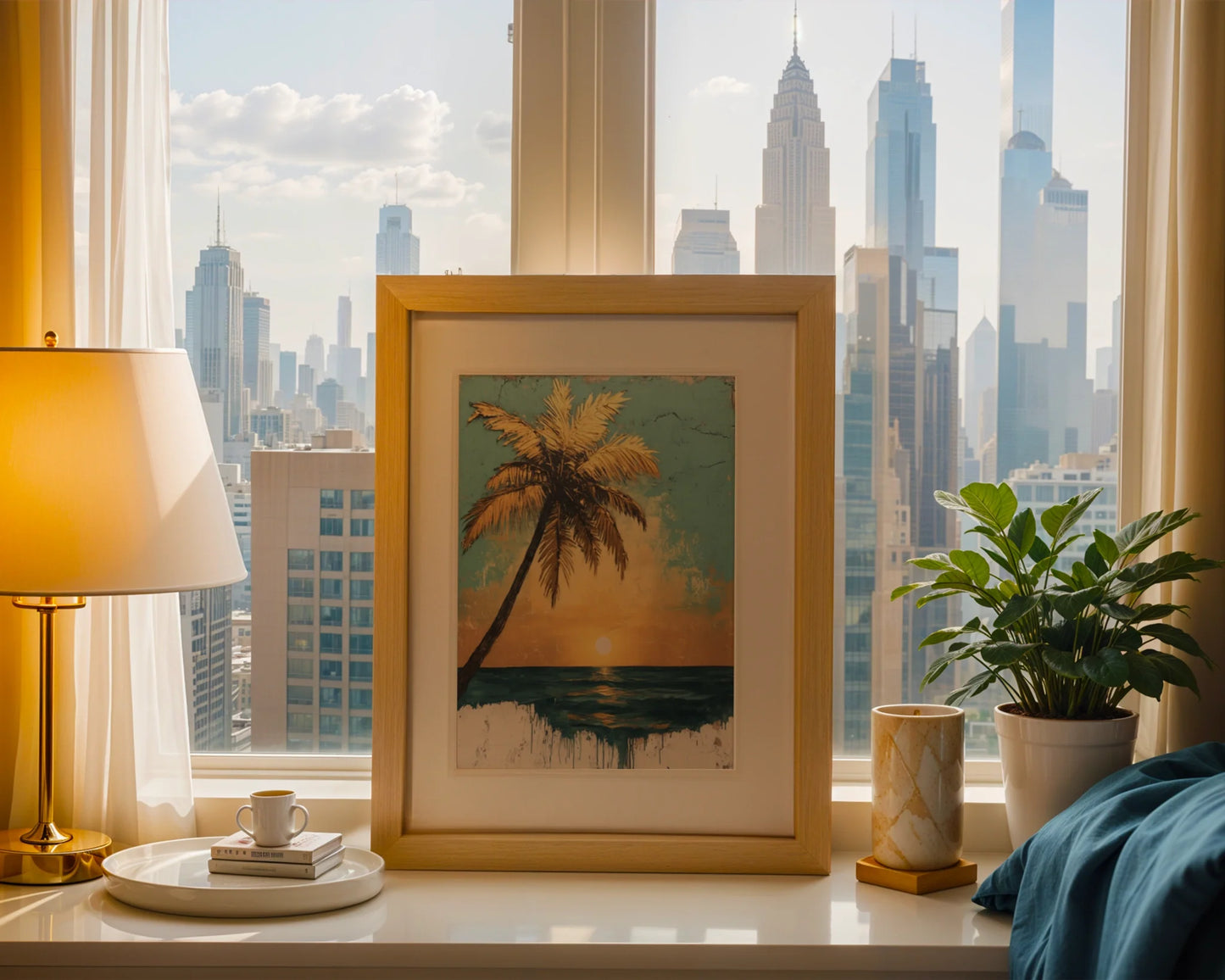 Tropical Palm Tree Sunset Distressed Turquoise in room
