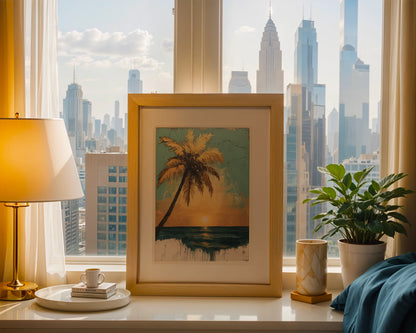 Tropical Palm Tree Sunset Distressed Turquoise in room