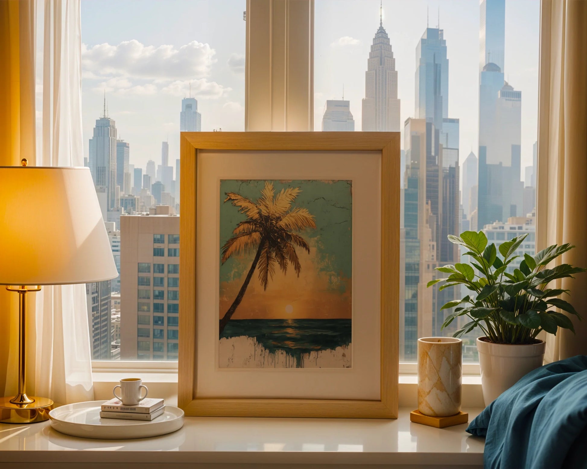 Tropical Palm Tree Sunset Distressed Turquoise in room