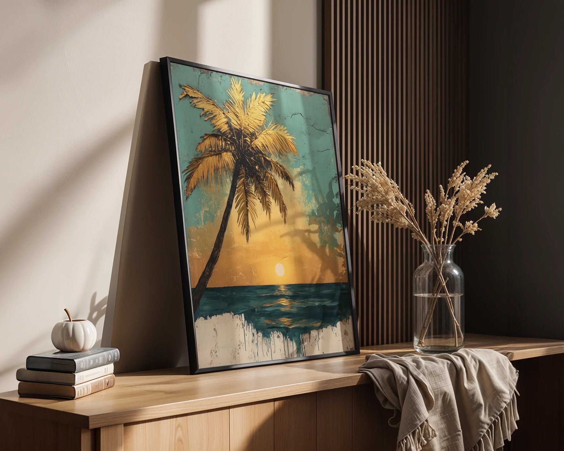 Tropical Palm Tree Sunset Distressed Turquoise in room