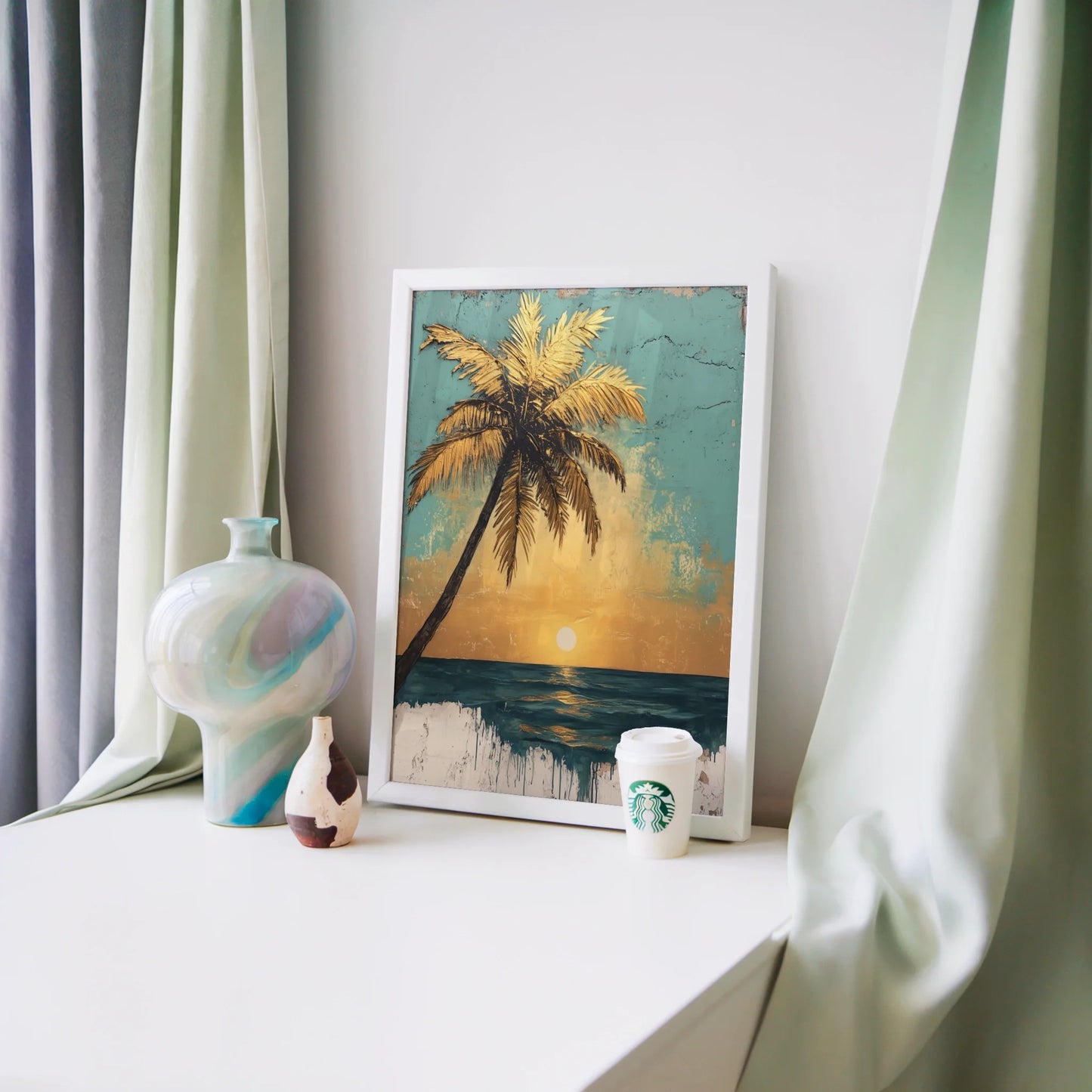 Tropical Palm Tree Sunset Distressed Turquoise in room