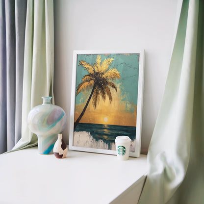 Tropical Palm Tree Sunset Distressed Turquoise in room