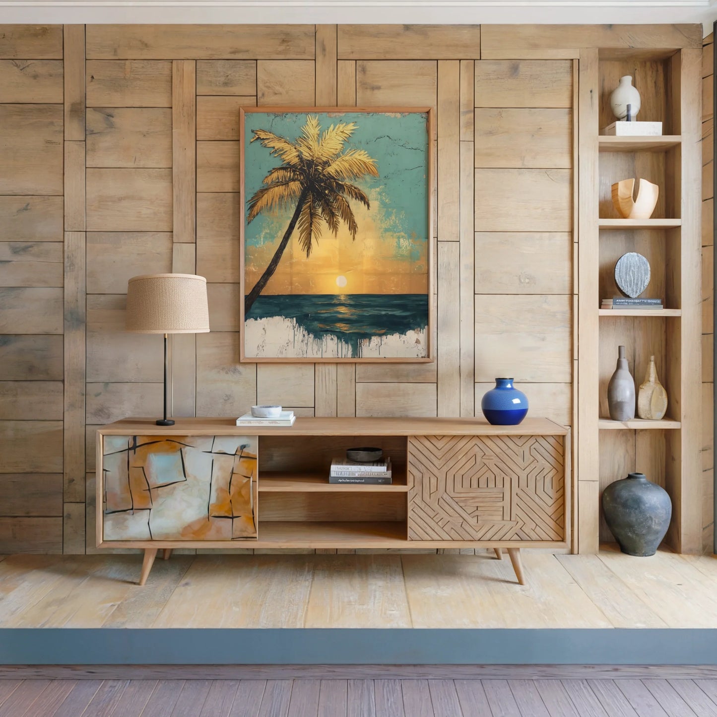 Tropical Palm Tree Sunset Distressed Turquoise Canvas Wall Art — Sage green and copper toned canvas with textured brushstrokes showing palm silhouette over water surface
