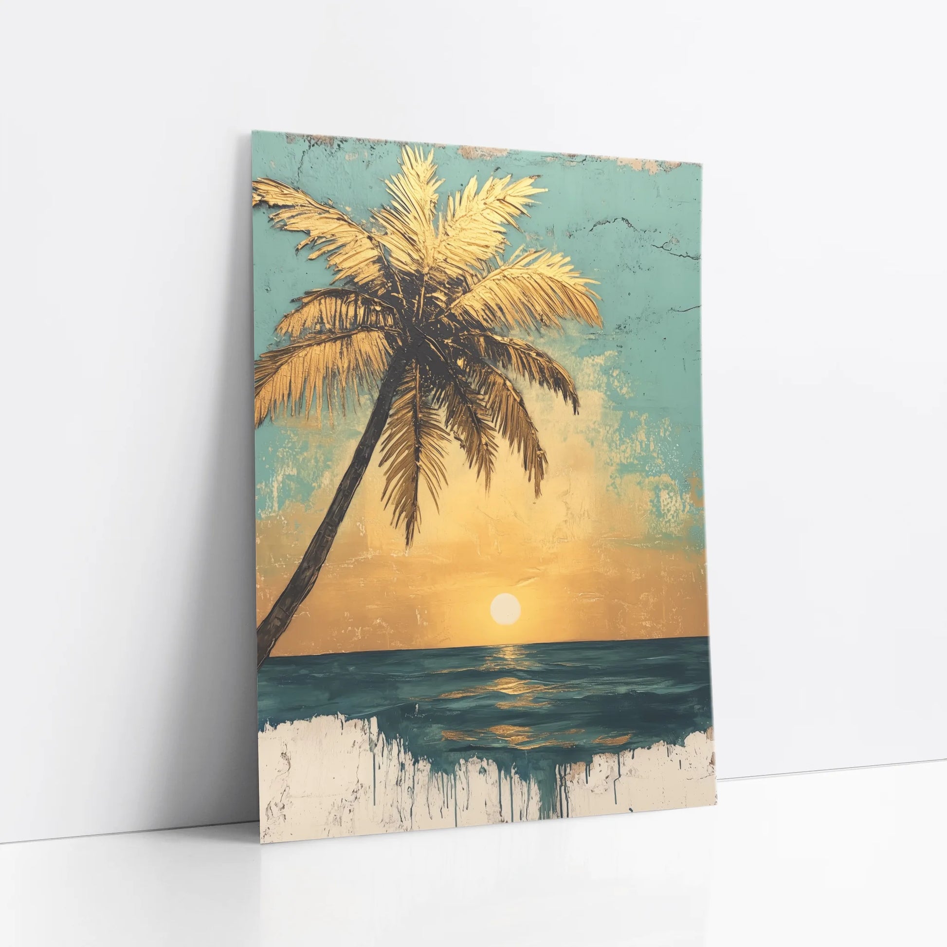 Tropical Palm Tree Sunset Distressed Turquoise art print