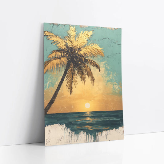 Tropical Palm Tree Sunset Distressed Turquoise art print