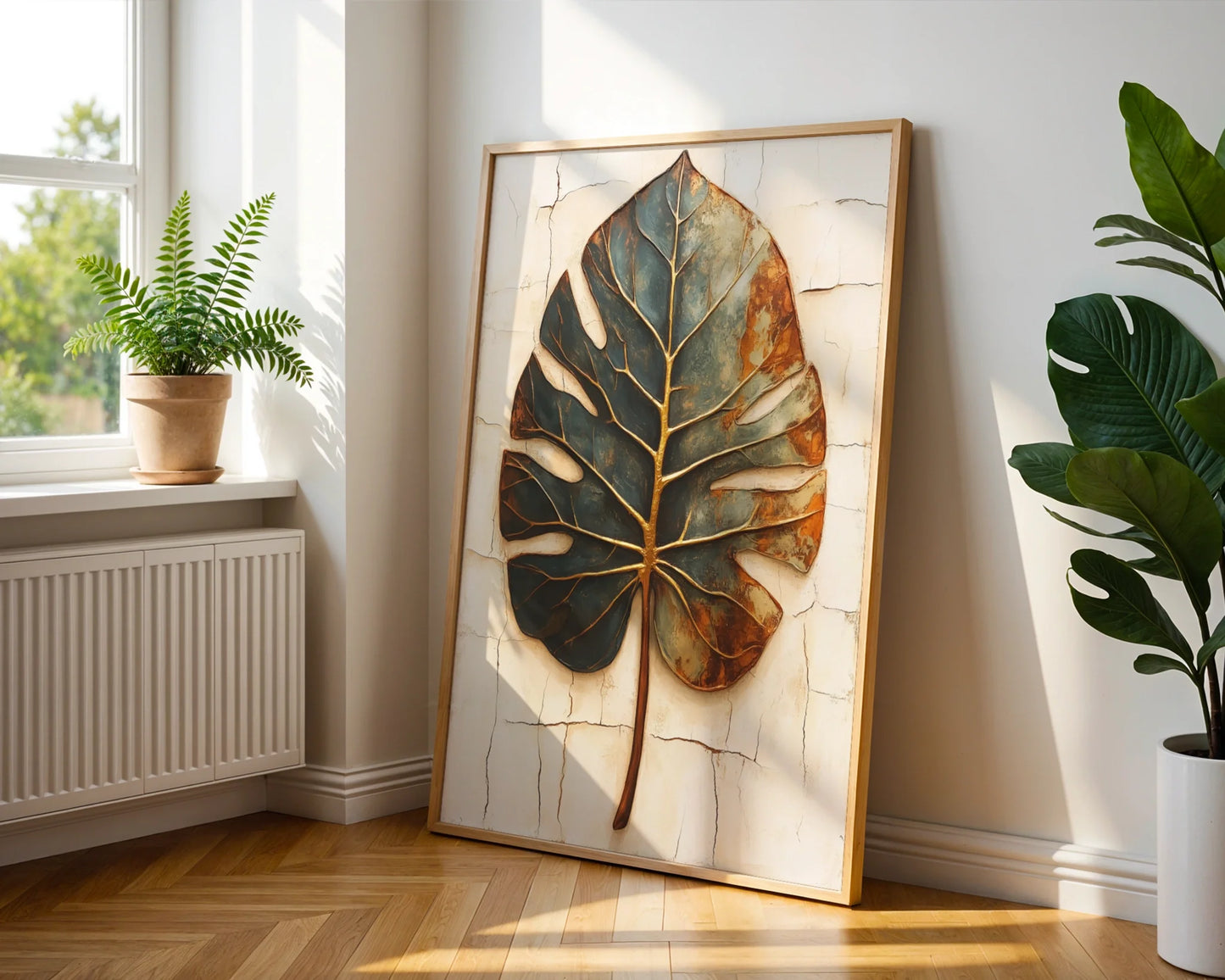 Monstera Leaf Canvas Wall Art - Boho Copper Patina Decay Print — Free-spirited interior design featuring corroded metallic foliage canvas with earthy aged finish tones