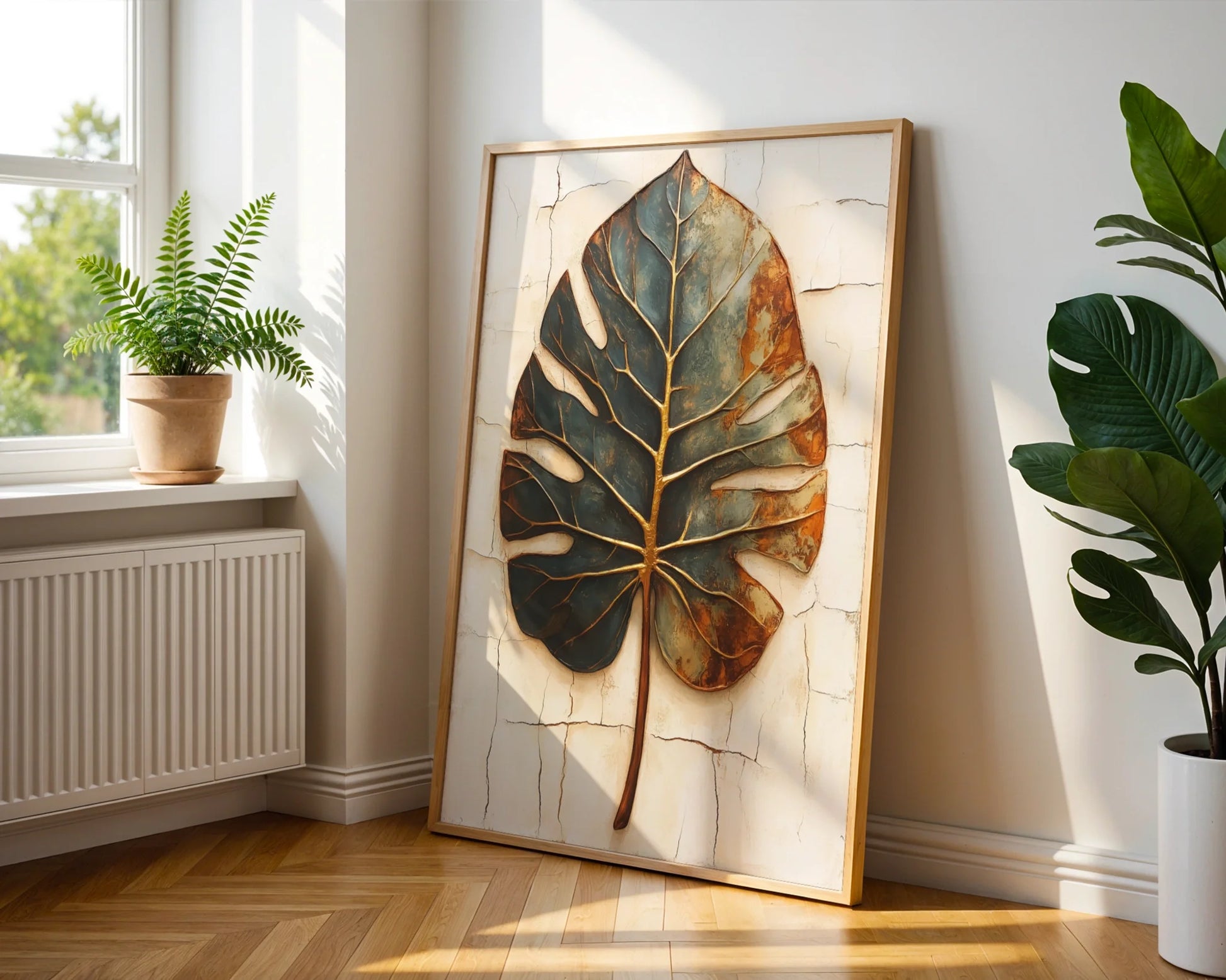 Monstera Leaf - Boho Copper Patina Decay Print in room