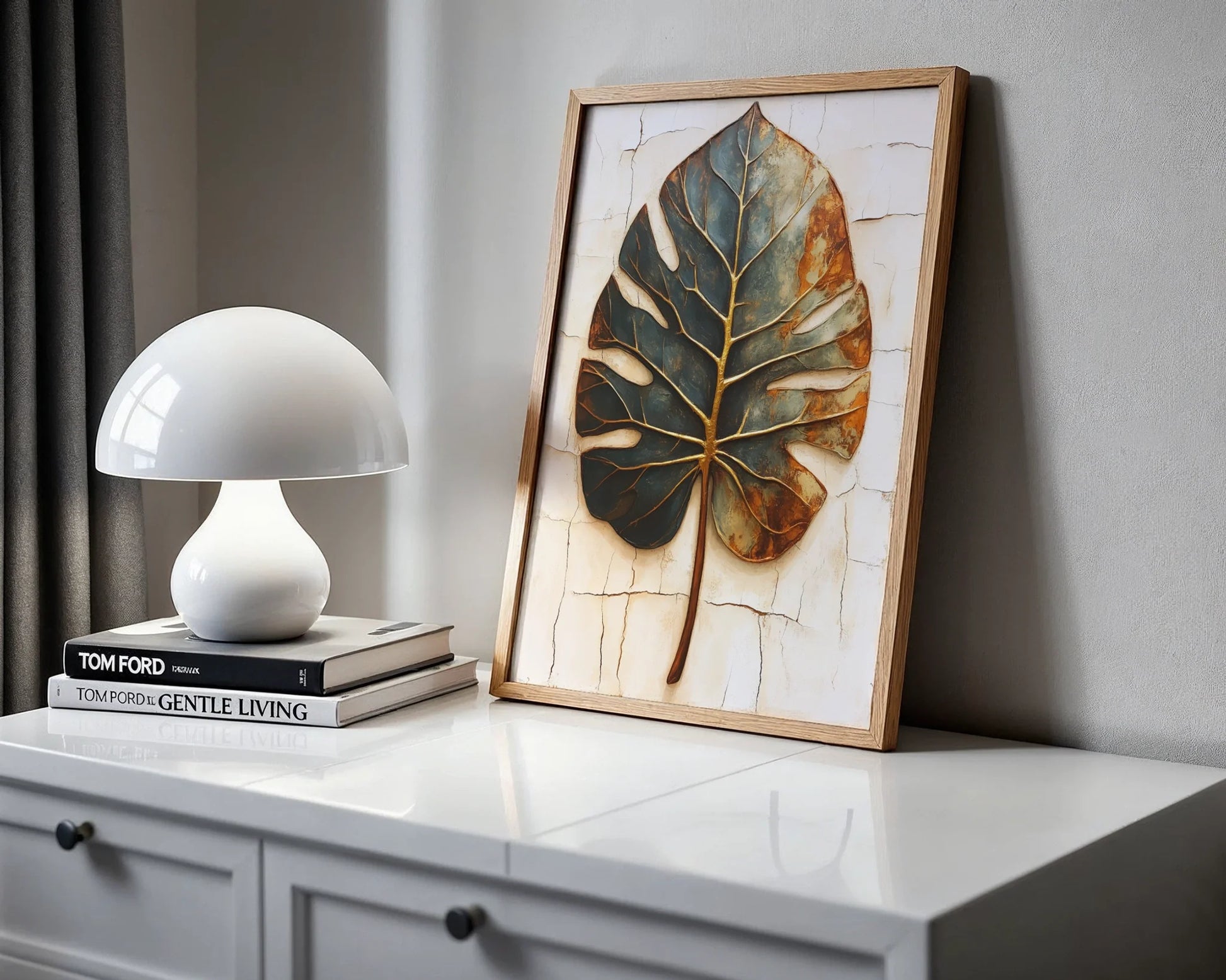 Monstera Leaf Canvas Wall Art - Boho Copper Patina Decay Print — Mixed eclectic home styling displays verdigris plant specimen artwork with distressed surface details