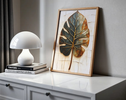Monstera Leaf Canvas Wall Art - Boho Copper Patina Decay Print — Mixed eclectic home styling displays verdigris plant specimen artwork with distressed surface details
