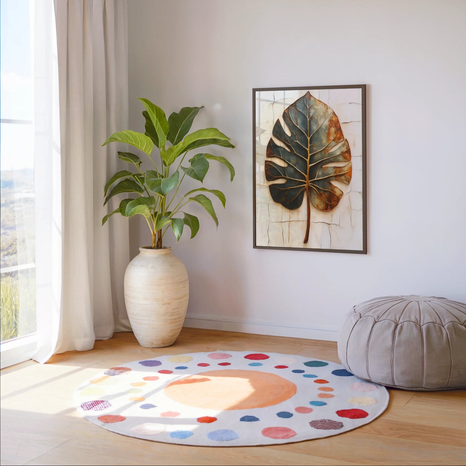 Monstera Leaf Canvas Wall Art - Boho Copper Patina Decay Print — Storm grey slate tones blend with honey gold accents in textured botanical canvas wall display