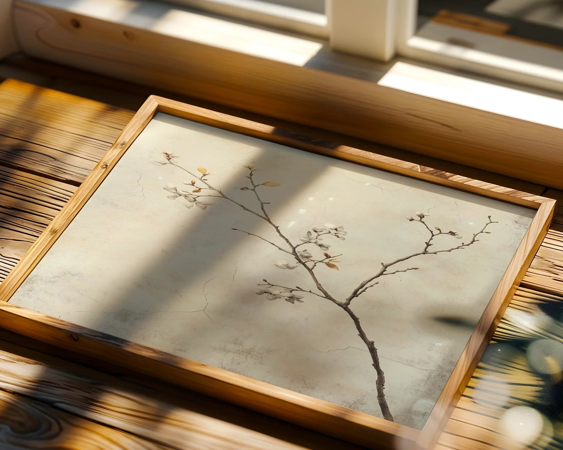 Cherry Blossom Japandi Weathered Plaster Canvas Wall Art — Minimalist canvas featuring blooming sakura branches against distressed plaster for contemporary spaces