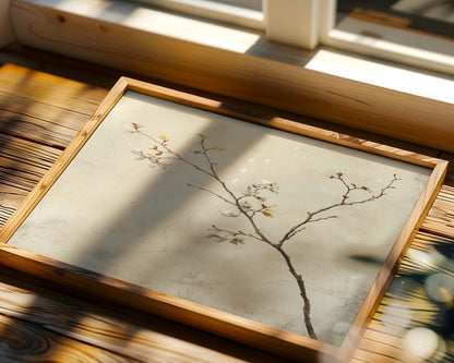 Cherry Blossom Japandi Weathered Plaster Canvas Wall Art — Minimalist canvas featuring blooming sakura branches against distressed plaster for contemporary spaces