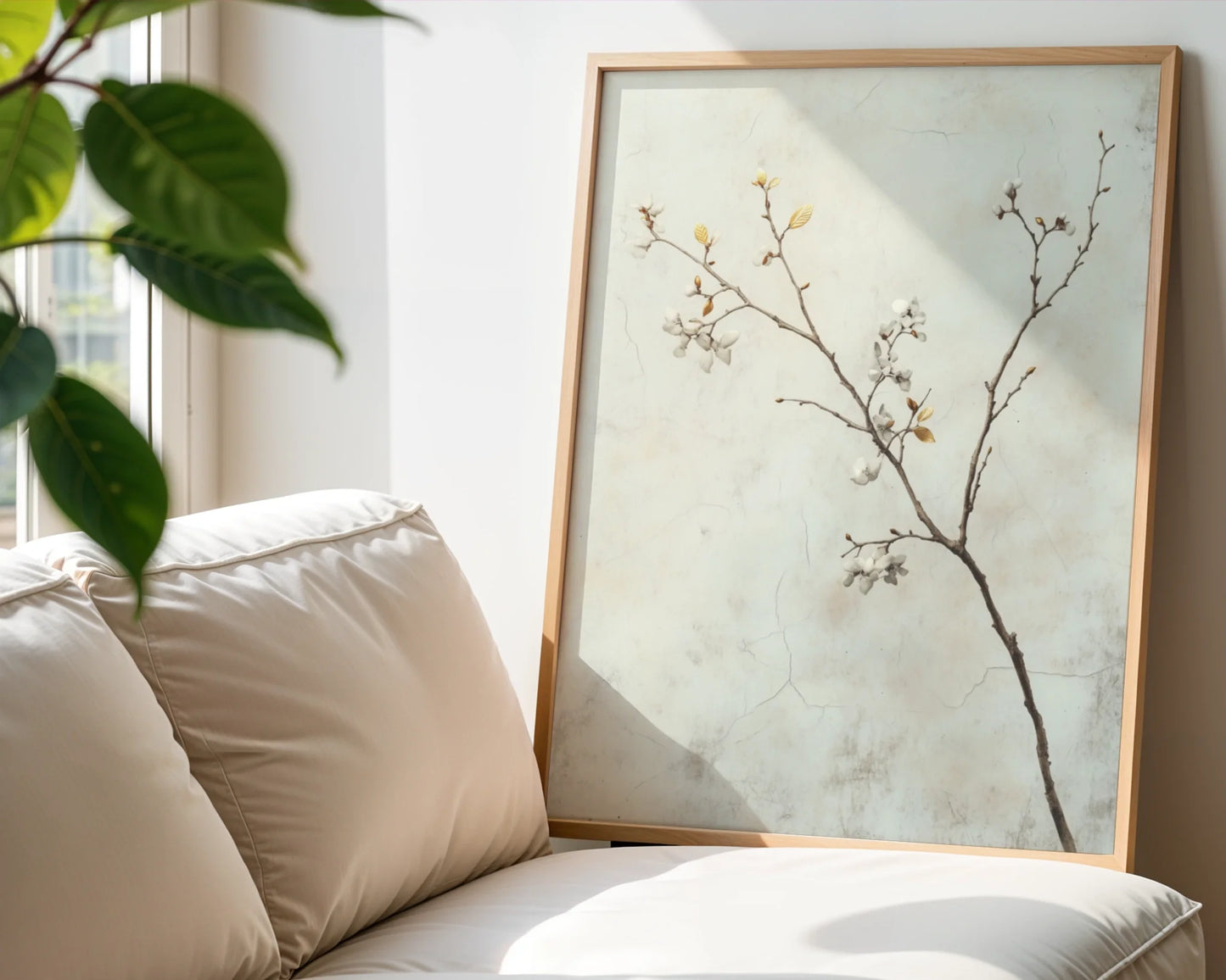 Cherry Blossom Japandi Weathered Plaster Canvas Wall Art — Asian-inspired wall decor showing subtle flower stems on rustic background for clean aesthetics