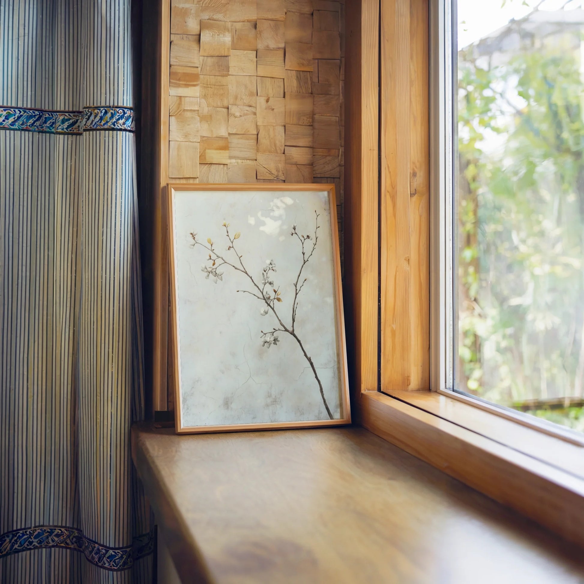 Cherry Blossom Japandi Weathered Plaster Canvas Wall Art — Oriental-style canvas print featuring organic blooms against cracked wall texture for serene spaces