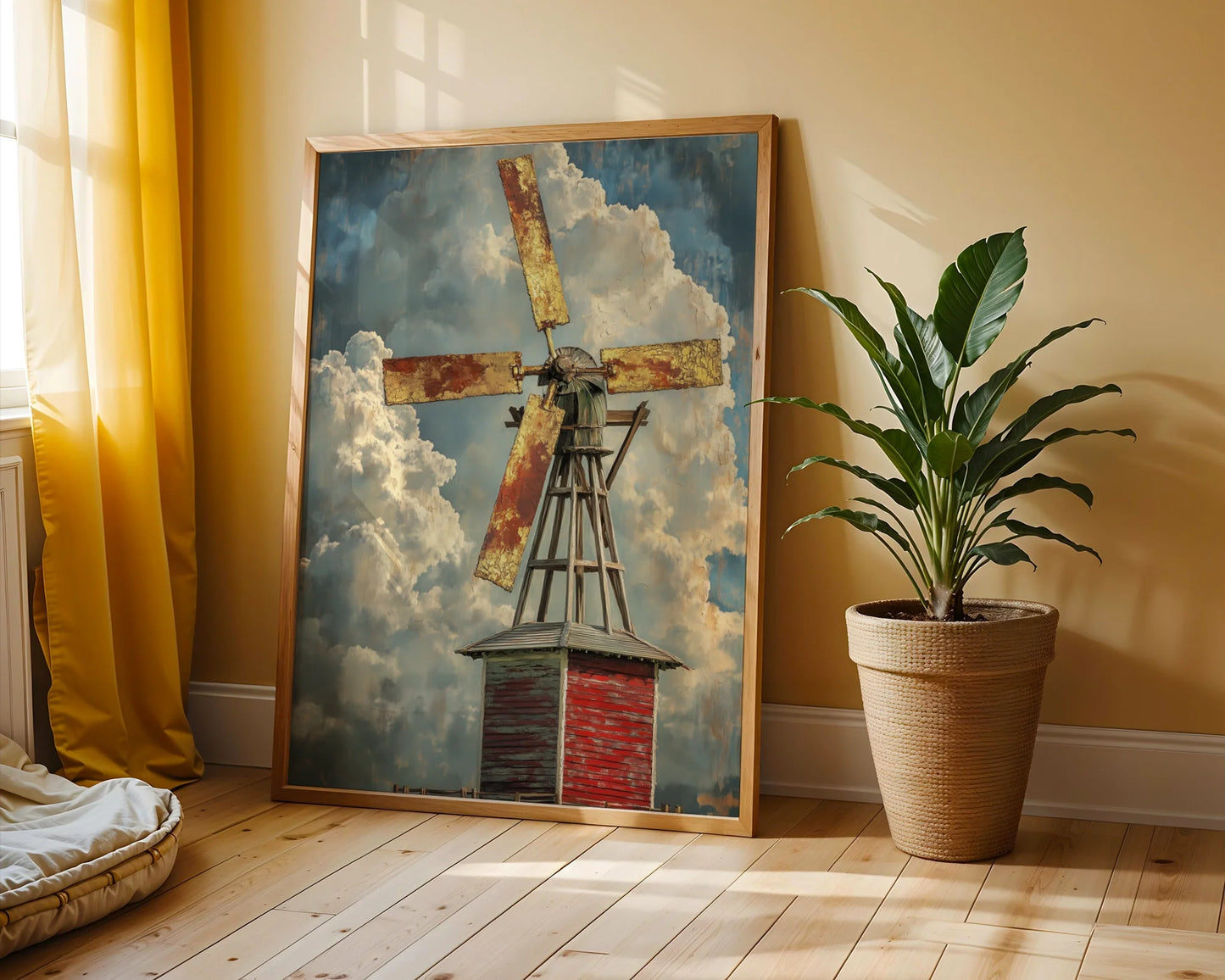 Farmhouse Windmill Canvas Wall Art with Towering Storm Clouds — Vintage mill canvas displayed in cozy farmhouse bedroom featuring antique wood elements