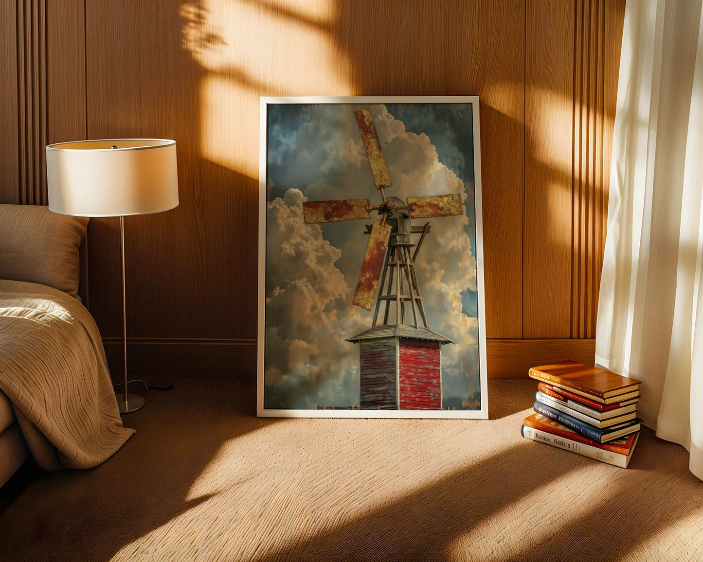 Farmhouse Windmill Canvas Wall Art with Towering Storm Clouds — Countryside mill print positioned above reclaimed wood dresser in cottage-inspired space