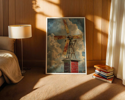 Farmhouse Windmill Canvas Wall Art with Towering Storm Clouds — Countryside mill print positioned above reclaimed wood dresser in cottage-inspired space