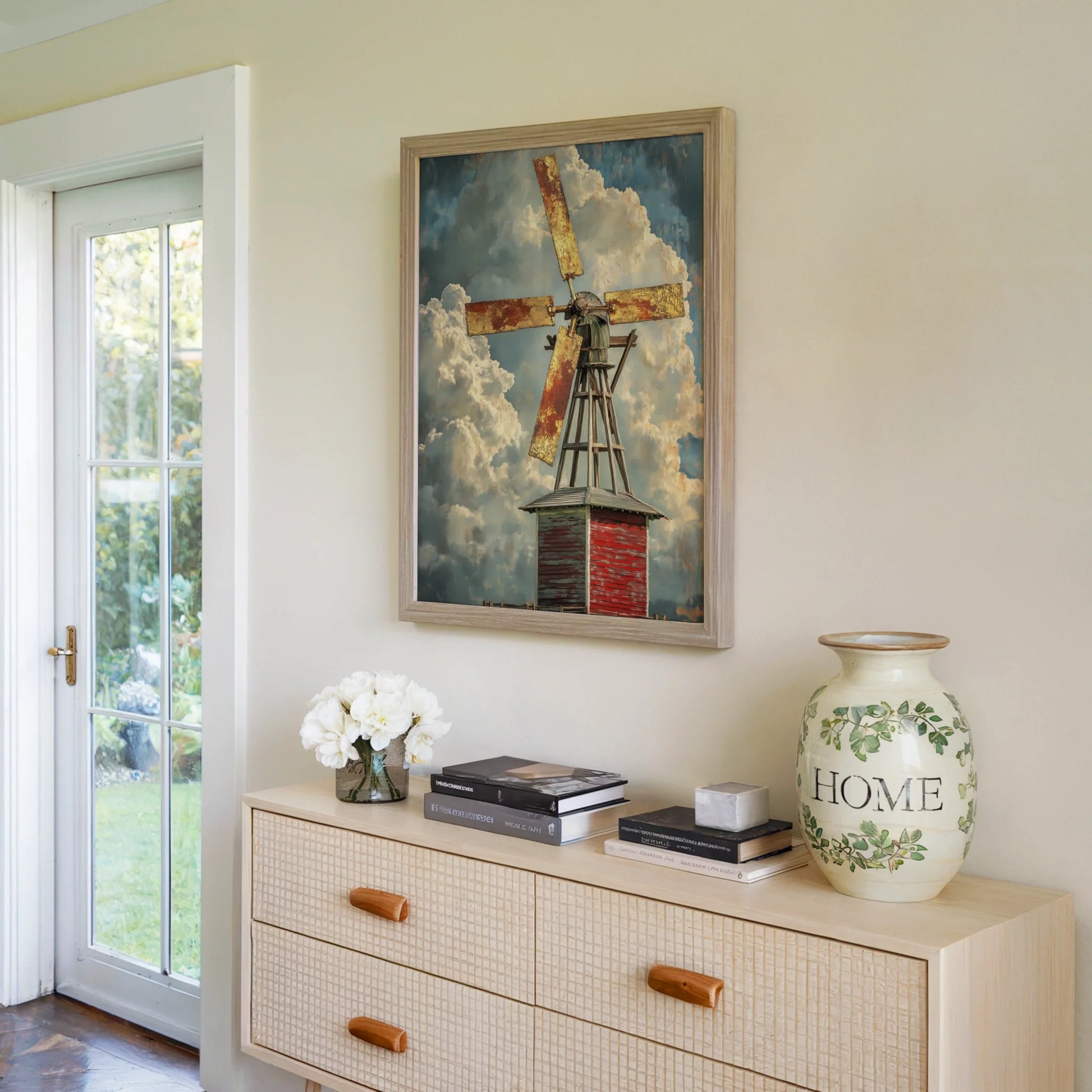 Farmhouse Windmill Canvas Wall Art with Towering Storm Clouds — Aged mill tower print displayed in shabby chic interior with worn wood textures