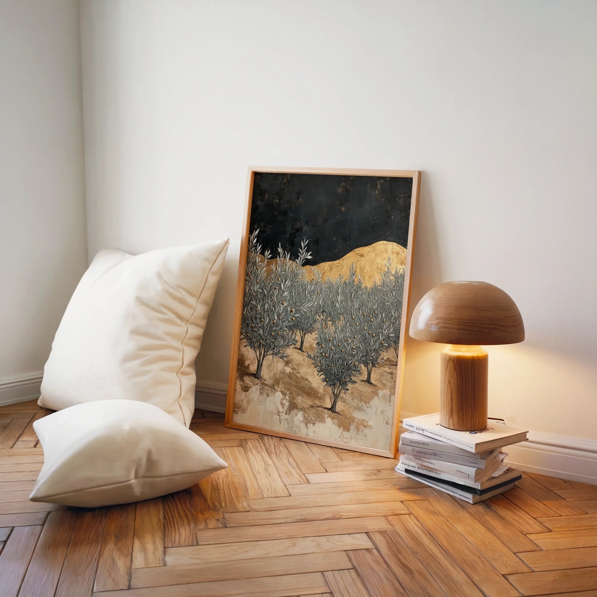 Mediterranean Olive Grove Ancient Hills Canvas Wall Art — Scandinavian decor enhanced by Mediterranean-inspired botanical artwork on textured backdrop