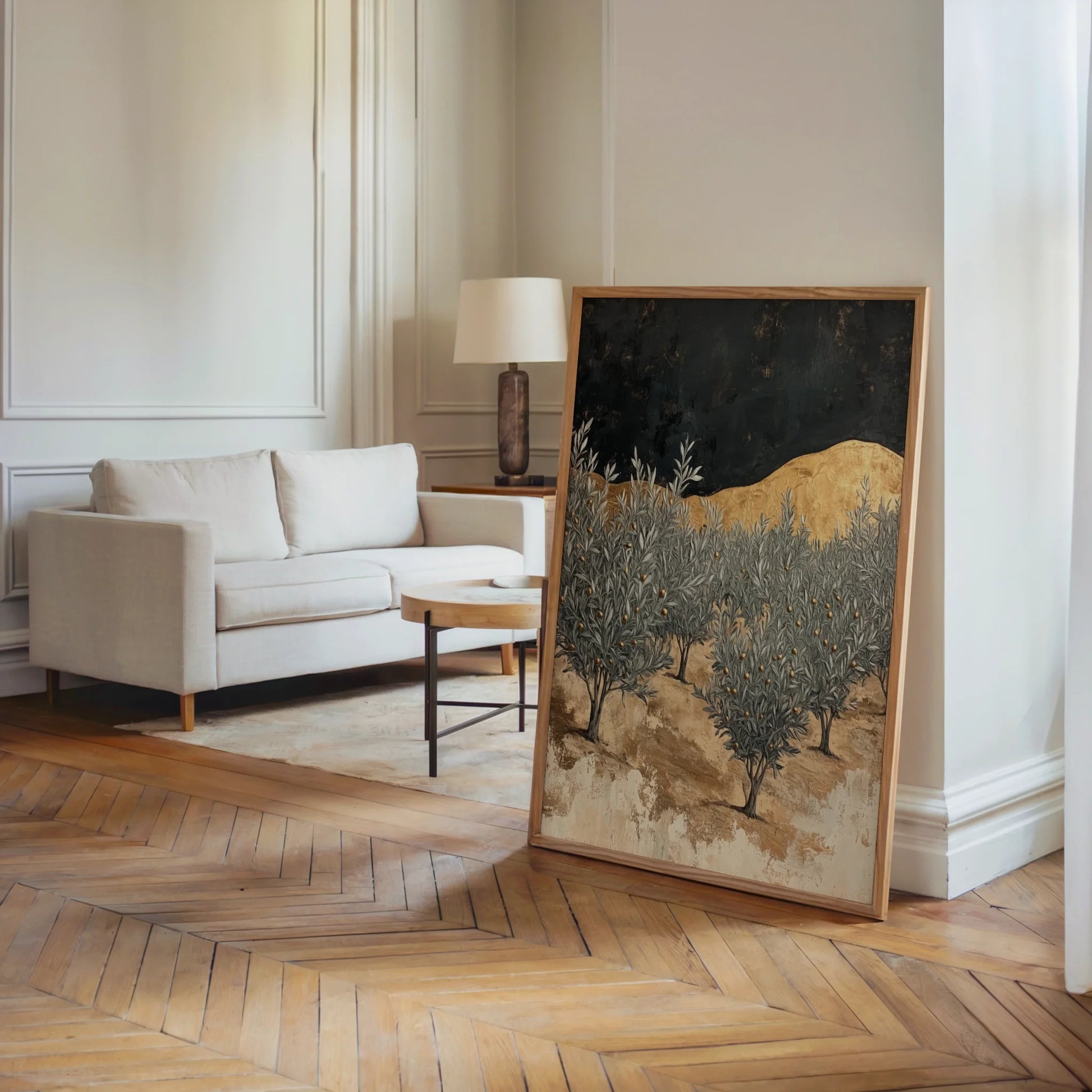 Mediterranean Olive Grove Ancient Hills Canvas Wall Art — Warm taupe and charcoal canvas print with gritty plaster finish displayed in neutral room