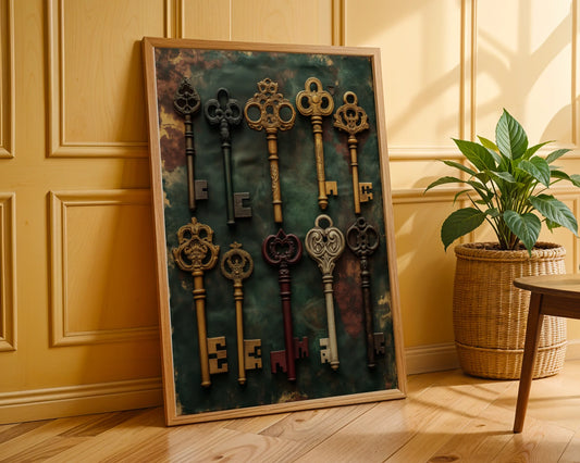 Skeleton Keys Collection Dark Academia Canvas Wall Art — Scholarly wall art featuring ten ornate metal keys creates sophisticated dark academia interior vibes