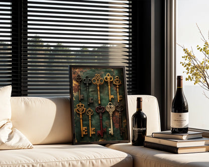 Skeleton Keys Collection Dark Academia Canvas Wall Art — Rococo-influenced print featuring decorative keys adds historical sophistication to cultured interiors