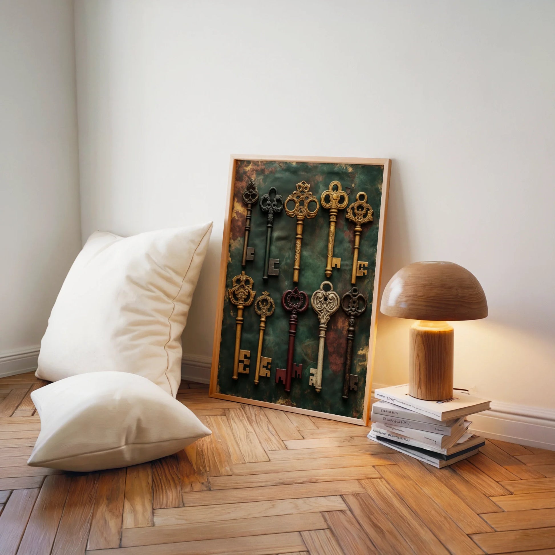 Skeleton Keys Collection Dark Academia Canvas Wall Art — Period-style wall piece showcasing metal keys creates refined atmosphere for classic home styling