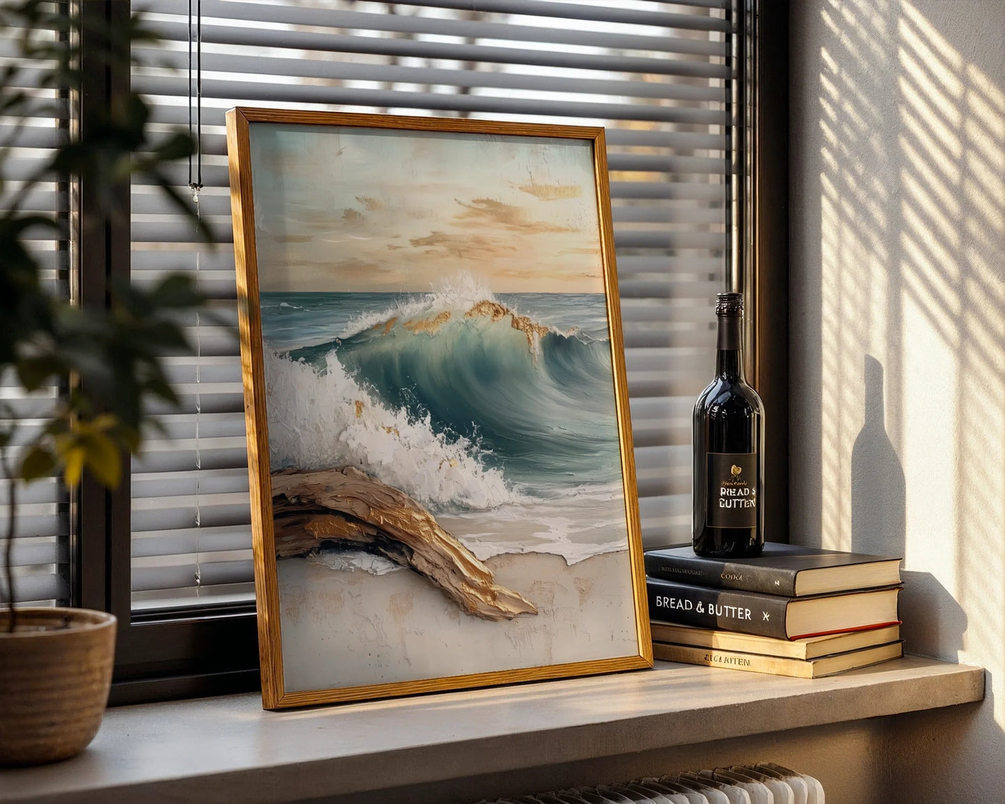 Textured Ocean Wave Gold Accent Impasto Canvas Wall Art — Modern marine canvas displaying frothing sea splash with weathered wood for contemporary decor