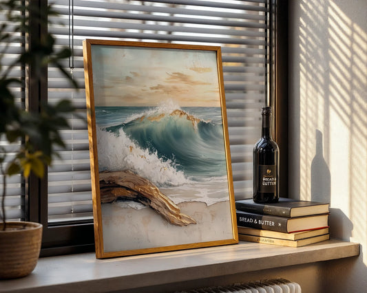 Textured Ocean Wave Gold Accent Impasto Canvas Wall Art — Modern marine canvas displaying frothing sea splash with weathered wood for contemporary decor