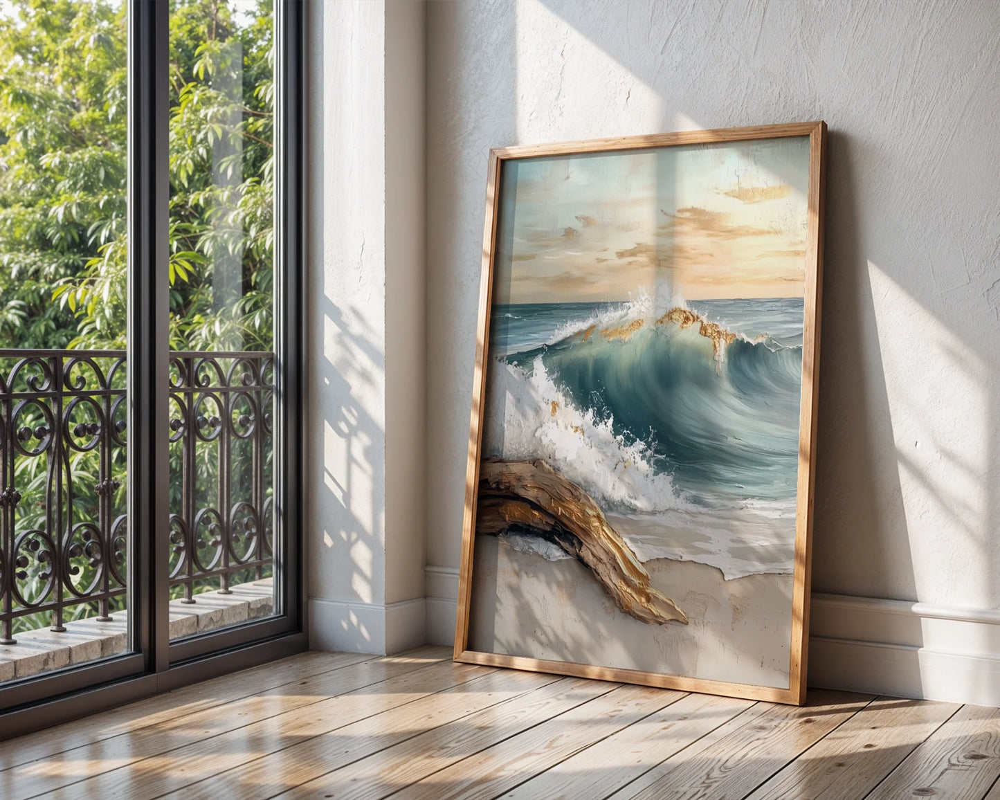 Textured Ocean Wave Gold Accent Impasto Canvas Wall Art — Seaside artwork featuring turbulent water motion with aged timber for minimalist interior design
