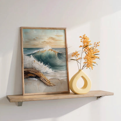 Textured Ocean Wave Gold Accent Impasto Canvas Wall Art — Abstract shoreline artwork showcasing fluid water movement with organic wood for boho decor