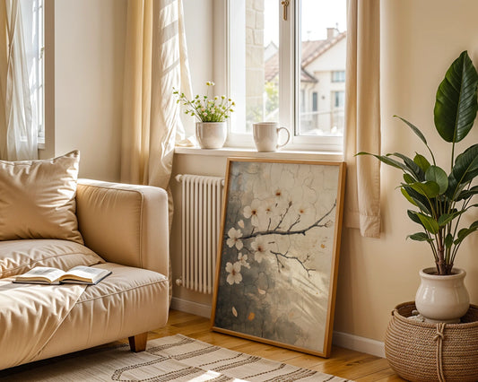 Cherry Blossom Art Cracked Fresco Japandi Canvas Wall Art — Minimalist canvas featuring delicate spring blooms emerging from textured plaster for contemporary homes