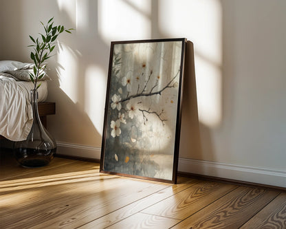 Cherry Blossom Art Cracked Fresco Japandi Canvas Wall Art — Scandinavian-inspired artwork showcasing soft florals against distressed backdrop in neutral tones