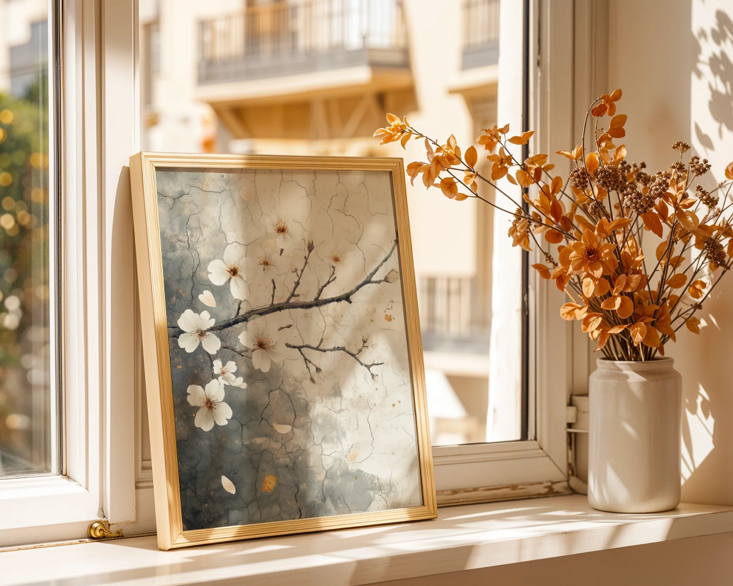 Cherry Blossom Art Cracked Fresco Japandi Canvas Wall Art — Rustic botanical canvas displaying graceful branches through worn surfaces for modern farmhouse style