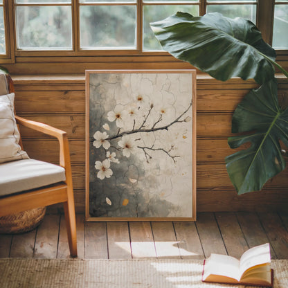 Cherry Blossom Art Cracked Fresco Japandi Canvas Wall Art — Clean-lined canvas print showing tender flowers amid weathered textures for zen-inspired interiors