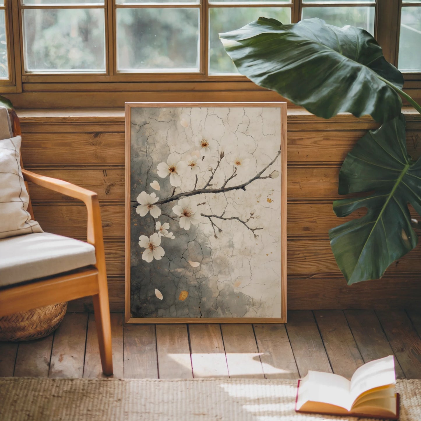 Cherry Blossom Art Cracked Fresco Japandi in room