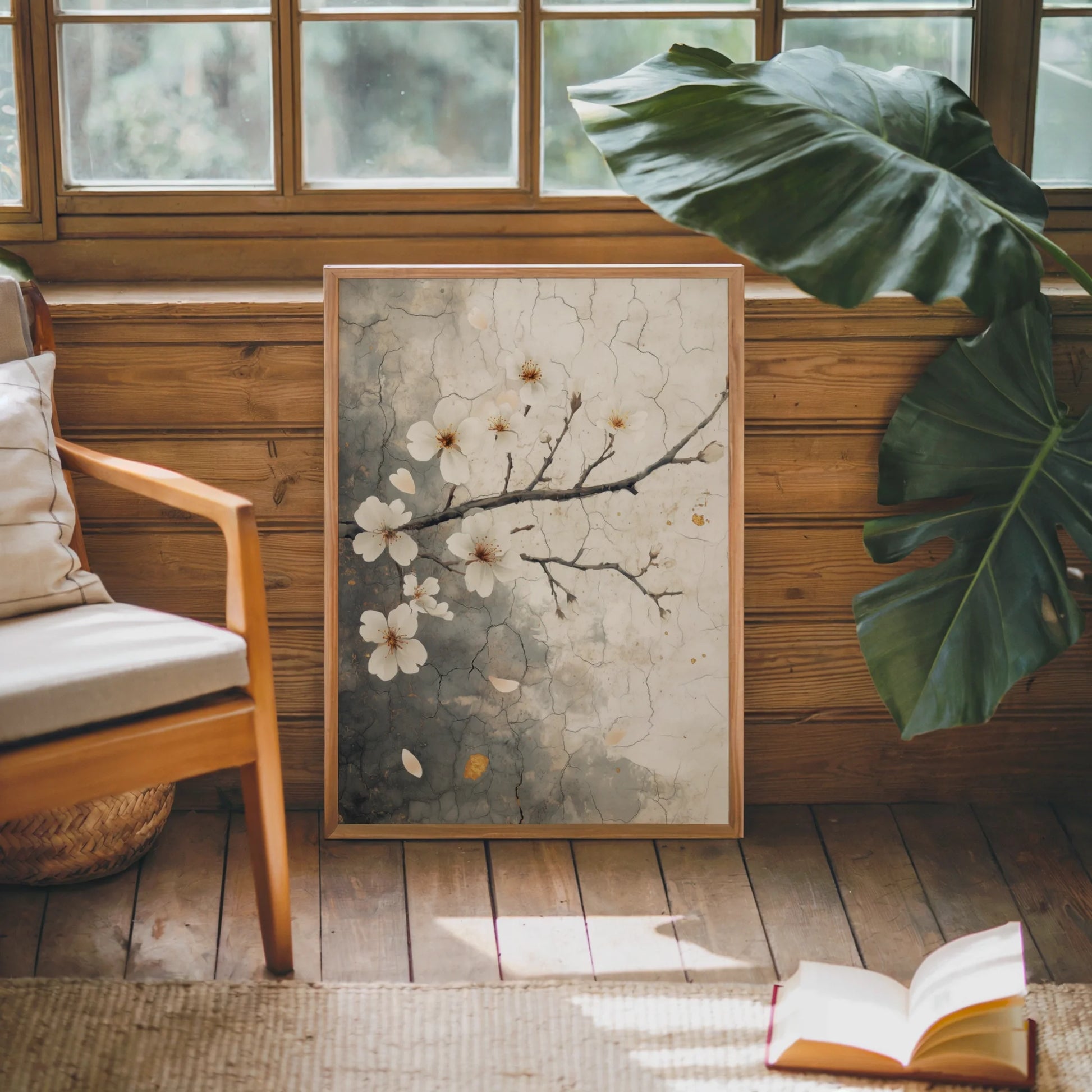 Cherry Blossom Art Cracked Fresco Japandi in room