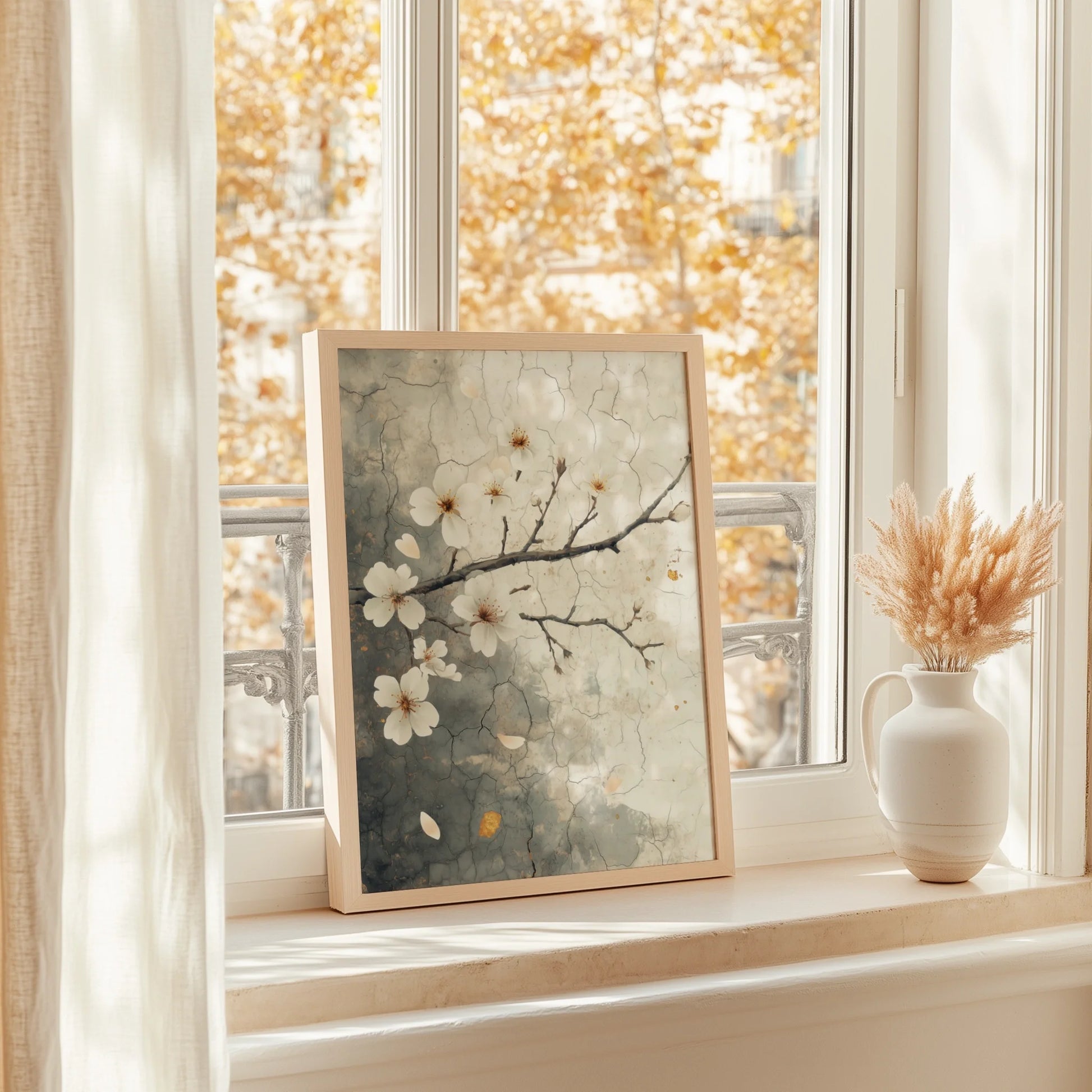 Cherry Blossom Art Cracked Fresco Japandi in room