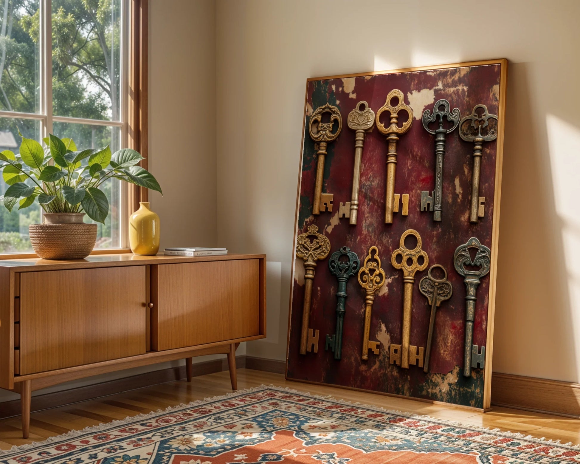 Skeleton Keys Wall Art Museum Display Canvas Print — Curated arrangement of historical metal keys preserved like artifacts brings old-world charm to contemporary home styling