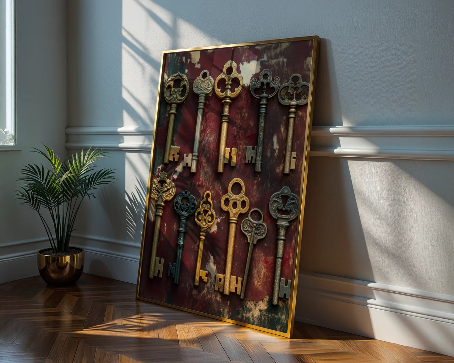 Skeleton Keys Wall Art Museum Display Canvas Print — Atmospheric canvas featuring weathered brass keys in collector's display format perfect for literary-inspired home aesthetics