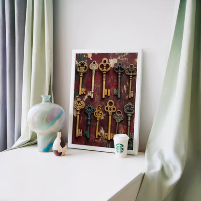 Skeleton Keys Wall Art Museum Display Canvas Print — Aged metal keys arranged in scholarly formation against rich burgundy canvas adds mysterious elegance to book lover's space