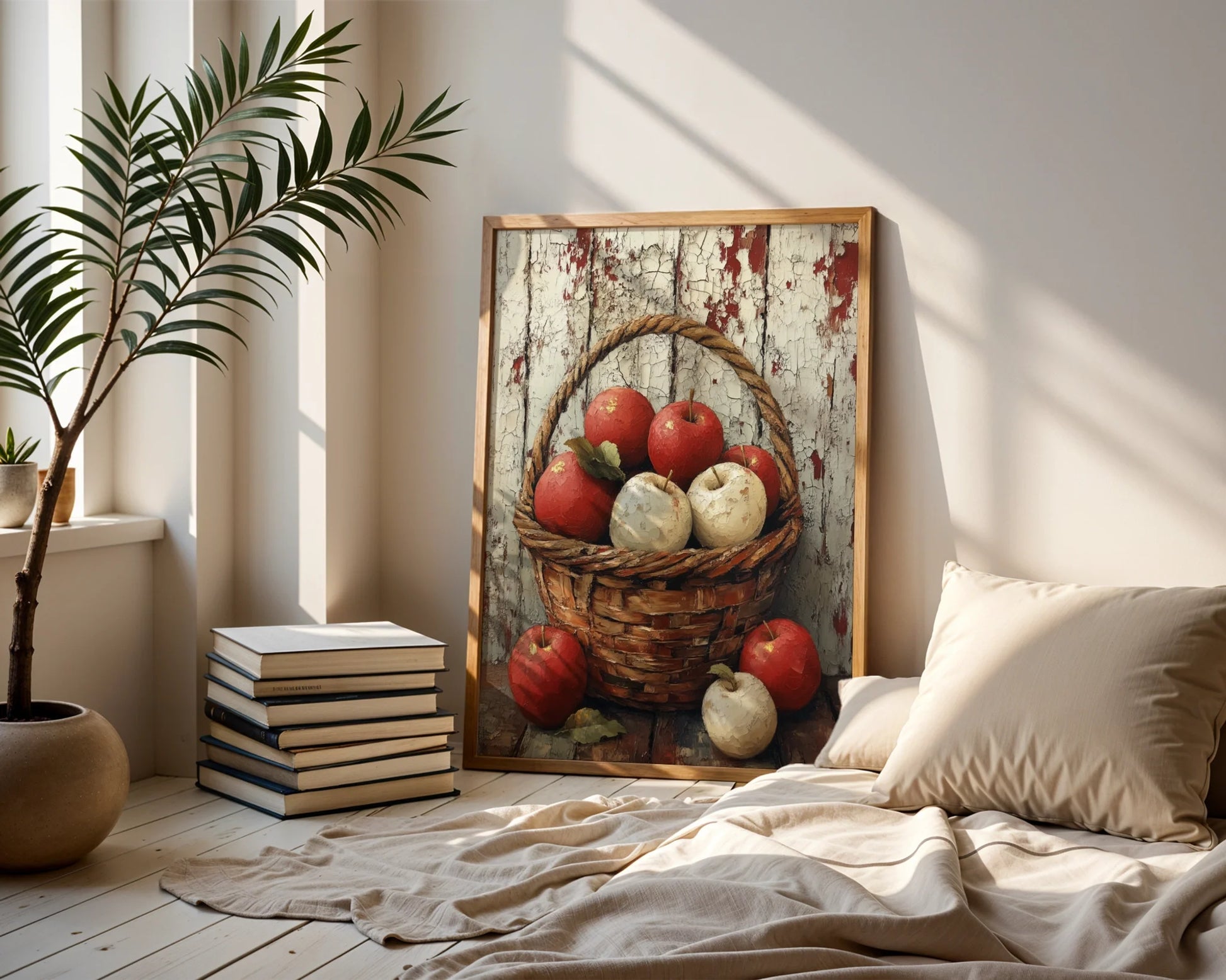 Rustic Apple Basket Farmhouse Kitchen Canvas Wall Art — Distressed wooden texture backdrop highlights antique produce display in modern cottage interiors